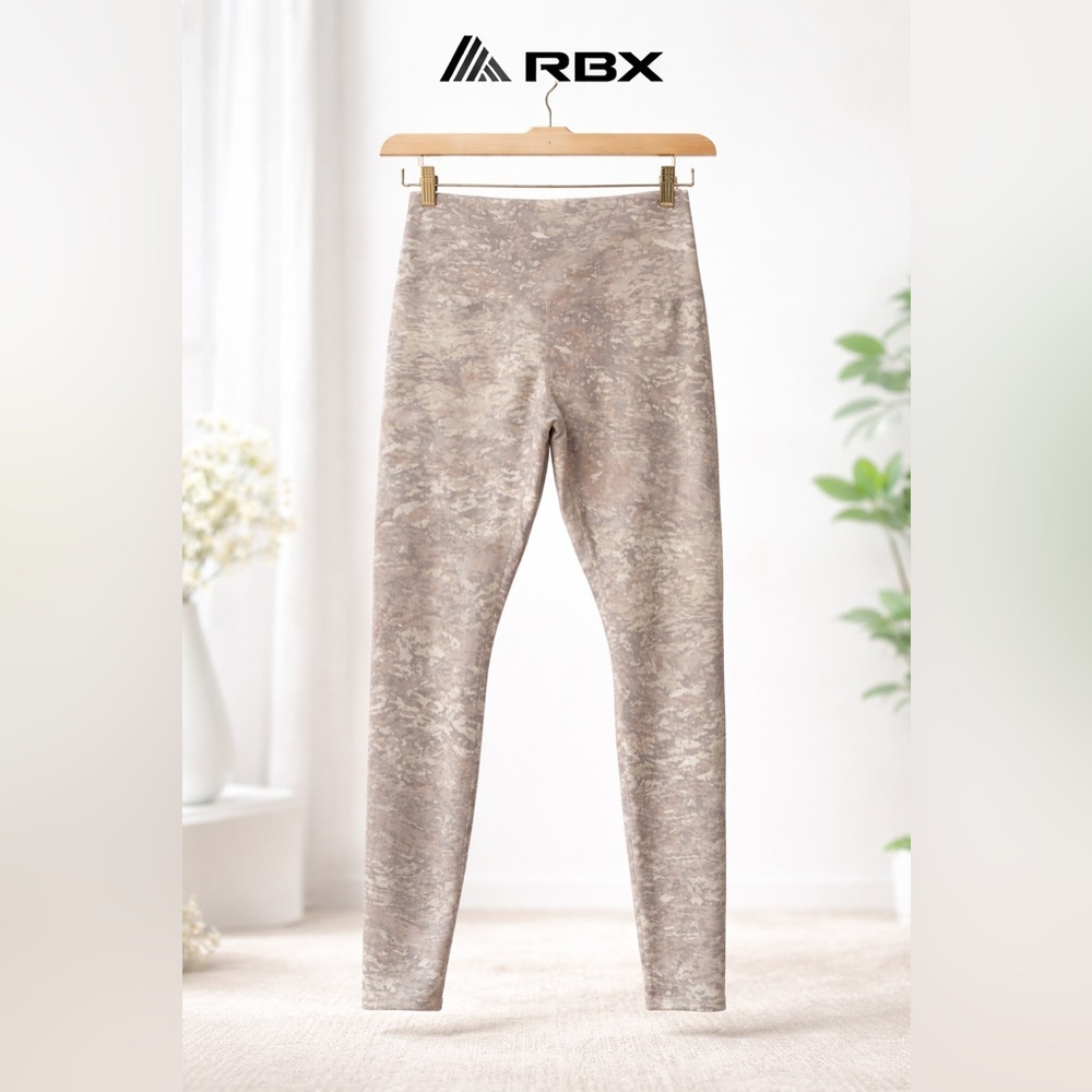 RBX Active High-Waisted Leggings - Gray/Beige Camo Abstract Print - Size L - Picture 2 of 9